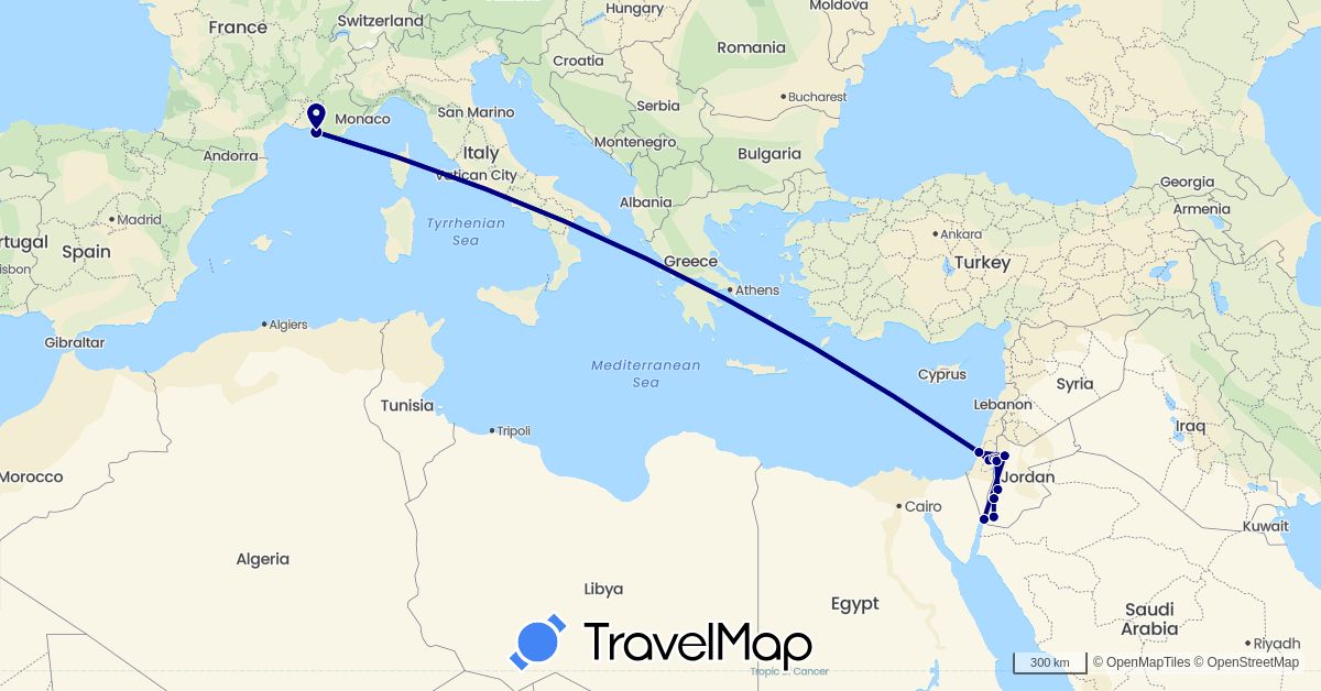 TravelMap itinerary: driving in France, Israel, Jordan, Palestinian Territories (Asia, Europe)