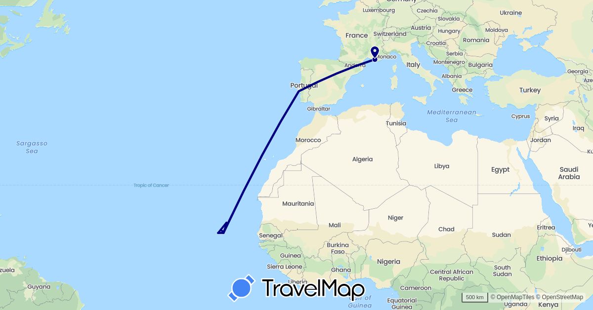 TravelMap itinerary: driving in Cape Verde, France, Portugal (Africa, Europe)