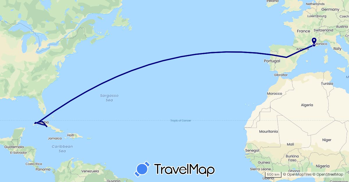 TravelMap itinerary: driving in Cuba, Spain, France (Europe, North America)